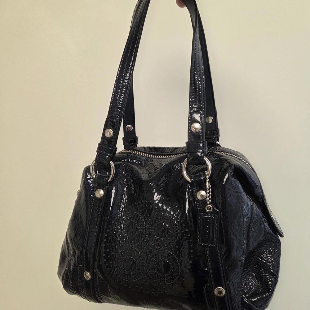 Coach Aubrey Patent Logo Front Small Satchel Navy Blue Vintage Y2k Style
